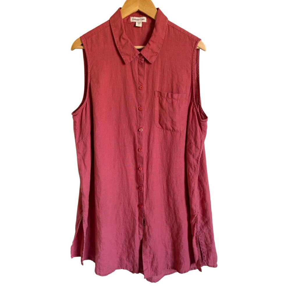 Coldwater Creek 1X Pink Button Up Shirt Dress Collared Sleeveless 100% Linen